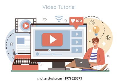 Screenwriter online service or platform. Playwright create a screenplay for movie. Author writing new scenario. Video tutorial. Isolated vector illustration