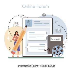 Screenwriter online service or platform. Playwright create a screenplay for movie. Author writing new scenario. Online forum. Isolated vector illustration