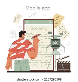 Screenwriter online service or platform. Playwright create a screenplay for a movie, theater, game or tv show. Mobile app. Flat vector illustration