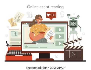 Screenwriter Online Service Or Platform. Playwright Create A Screenplay For A Movie, Theater, Game Or Tv Show. Online Script Reading. Flat Vector Illustration