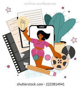 Screenwriter online service or platform. Playwright create a screenplay for a movie, theater or tv show. Author writing new scenario. Online conference. Flat vector illustration