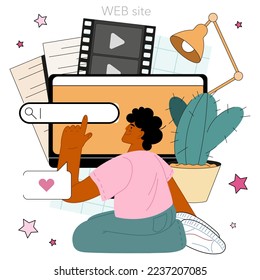 Screenwriter online service or platform. Playwright create a screenplay for a movie, theater or tv show. Author writing new scenario. Website. Flat vector illustration