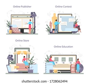 Screenwriter online service or platform set. Person create a screenplay for movie. Online publisher and contest, online store and education. Isolated vector illustration