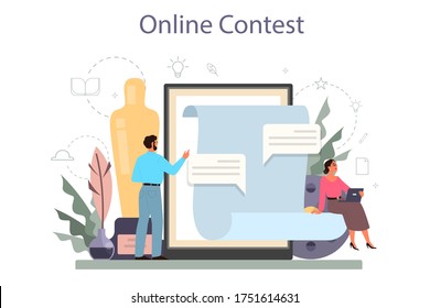 Screenwriter online service or platform set. Person create a screenplay for movie. Online contest. Isolated vector illustration