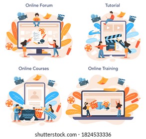 Screenwriter online service or platform set. Person create a screenplay for movie. Author writing new scenario for cinematography. Online course, forum, tutorial, training. Vector illustration