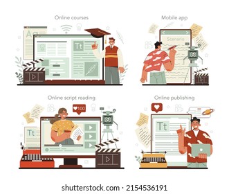 Screenwriter online service or platform set. Playwright create a screenplay for a movie, theater, game or tv show. Online publishing, courses, script reading, mobile app. Flat vector illustration