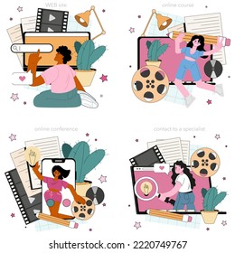 Screenwriter online service or platform set. Playwright create a screenplay for a movie. Author writing new scenario. Online course, conference, contacts, website. Flat vector illustration