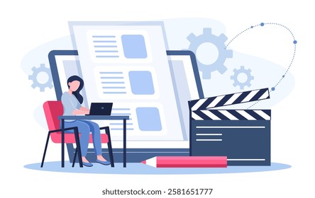 Screenwriter online service. Woman with laptop near tablet and clapperboard. Copywriter writes scripts for films. Filmmaking and cinema production. Flat vector illustration