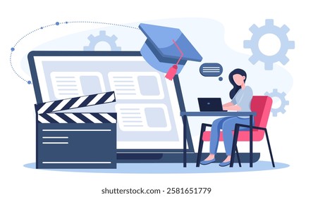 Screenwriter online service. Woman with laptop near tablet and clapperboard. Screenwriter writes scripts for series. Filmmaking and film industry. Talented author. Flat vector illustration