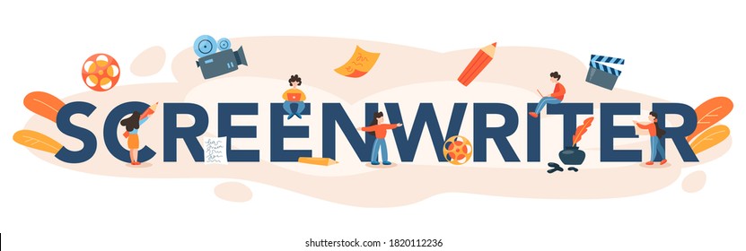 Screenwriter typographic header. Person create a screenplay for movie. Author writing new scenario for cinematography. Hollywood industry. Isolated vector illustration