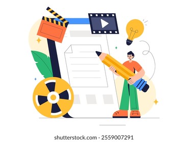 Screenwriter Vector Illustration featuring a Professional Writer and Copywriter for Filmmaking, Cinematography, or Film Production in a Background