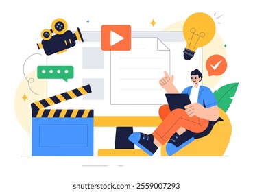 Screenwriter Vector Illustration featuring a Professional Writer and Copywriter for Filmmaking, Cinematography, or Film Production in a Background