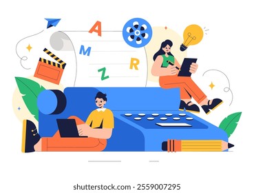 Screenwriter Vector Illustration featuring a Professional Writer and Copywriter for Filmmaking, Cinematography, or Film Production in a Background