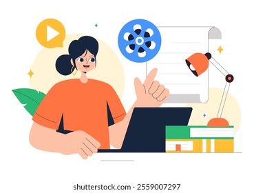 Screenwriter Vector Illustration featuring a Professional Writer and Copywriter for Filmmaking, Cinematography, or Film Production in a Background