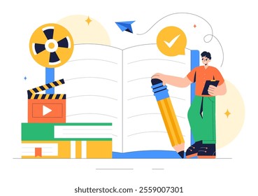 Screenwriter Vector Illustration featuring a Professional Writer and Copywriter for Filmmaking, Cinematography, or Film Production in a Background