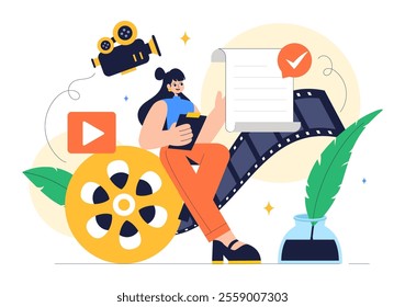 Screenwriter Vector Illustration featuring a Professional Writer and Copywriter for Filmmaking, Cinematography, or Film Production in a Background