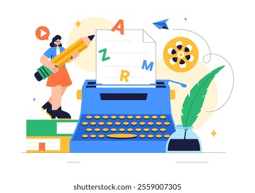 Screenwriter Vector Illustration featuring a Professional Writer and Copywriter for Filmmaking, Cinematography, or Film Production in a Background