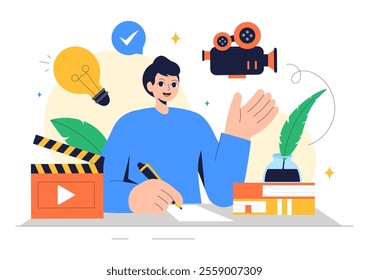 Screenwriter Vector Illustration featuring a Professional Writer and Copywriter for Filmmaking, Cinematography, or Film Production in a Background