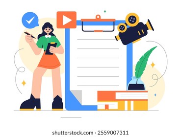 Screenwriter Vector Illustration featuring a Professional Writer and Copywriter for Filmmaking, Cinematography, or Film Production in a Background