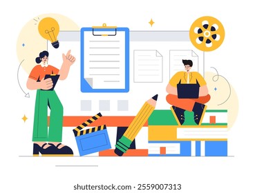 Screenwriter Vector Illustration featuring a Professional Writer and Copywriter for Filmmaking, Cinematography, or Film Production in a Background