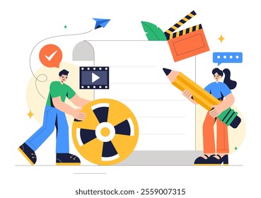 Screenwriter Vector Illustration featuring a Professional Writer and Copywriter for Filmmaking, Cinematography, or Film Production in a Background