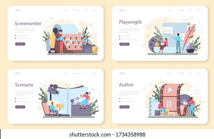 Screenwriter web banner or landing page set. Person create a screenplay for movie. Author writing new scenario for cinematography. Hollywood industry. Isolated vector illustration