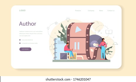 Screenwriter web banner or landing page. Person create a screenplay for movie. Author writing new scenario for cinematography. Hollywood industry. Isolated vector illustration