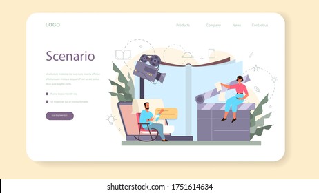 Screenwriter web banner or landing page. Person create a screenplay for movie. Author writing new scenario for cinematography. Hollywood industry. Isolated vector illustration