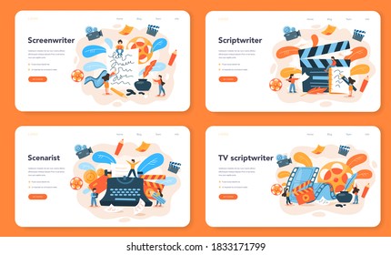 Screenwriter web banner or landing page set. Person create a screenplay for movie. Author writing new scenario for cinematography. Hollywood industry. Isolated vector illustration