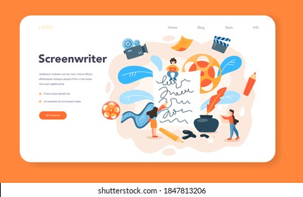 Screenwriter web banner or landing page. Person create a screenplay for movie. Author writing new scenario for cinematography. Hollywood industry. Isolated vector illustration