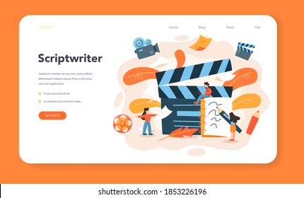 Screenwriter web banner or landing page. Person create a screenplay for movie. Author writing new scenario for cinematography. Hollywood industry. Isolated vector illustration