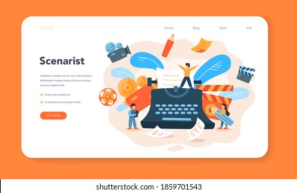 Screenwriter web banner or landing page. Person create a screenplay for movie. Author writing new scenario for cinematography. Hollywood industry. Isolated vector illustration