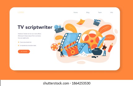 Screenwriter web banner or landing page. Person create a screenplay for movie. Author writing new scenario for cinematography. Hollywood industry. Isolated vector illustration