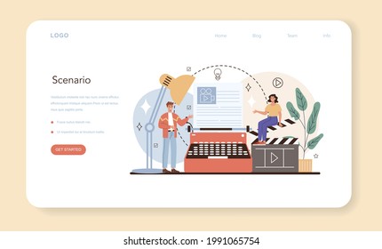 Screenwriter web banner or landing page. Playwright create a screenplay for movie. Author writing new scenario for cinematography. Hollywood industry. Isolated vector illustration