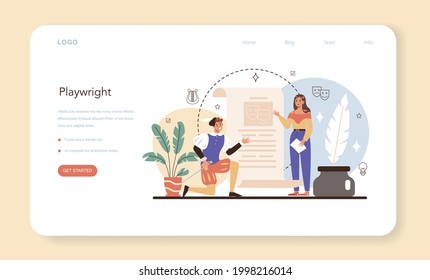 Screenwriter web banner or landing page. Playwright create a screenplay for movie. Author writing new scenario for cinematography. Hollywood industry. Isolated vector illustration