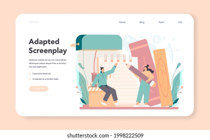 Screenwriter web banner or landing page. Playwright create a screenplay for movie. Author writing new scenario for cinematography. Hollywood industry. Isolated vector illustration