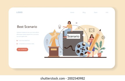 Screenwriter web banner or landing page. Playwright create a screenplay for movie. Author writing new scenario for cinematography. Hollywood industry. Isolated vector illustration