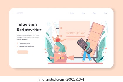 Screenwriter web banner or landing page. Playwright create a screenplay for movie. Author writing new scenario for cinematography. Hollywood industry. Isolated vector illustration