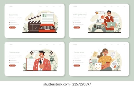 Cartel web de guionista o página de inicio. El dramaturgo crea un guión para una película, un teatro, un juego o un programa de televisión. Autor escribiendo un nuevo escenario para la cinematografía. Ilustración vectorial plana