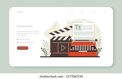 Screenwriter web banner or landing page. Playwright create a screenplay for a movie, theater, game or tv show. Author writing new scenario for cinematography. Flat vector illustration