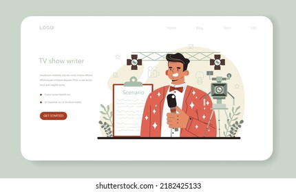 Screenwriter web banner or landing page. Playwright create a screenplay for a tv show. Author writing new scenario for cinematography. Hollywood industry. Isolated vector illustration