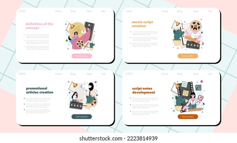 Screenwriter web banner or landing page set. Playwright create a screenplay for a movie, theater or tv show. Author writing new scenario for cinematography. Flat vector illustration