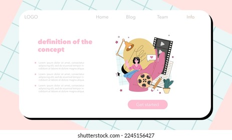 Screenwriter web banner or landing page. Playwright create a screenplay for a movie, theater or tv show. Author writing new scenario for cinematography. Flat vector illustration