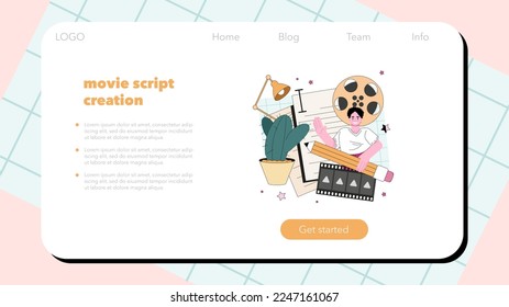 Screenwriter web banner or landing page. Playwright create a screenplay for a movie, theater or tv show. Author writing new scenario for cinematography. Flat vector illustration