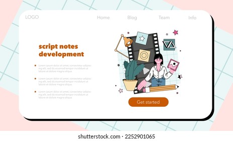 Screenwriter web banner or landing page. Playwright create a screenplay for a movie, theater or tv show. Author writing new scenario for cinematography. Flat vector illustration