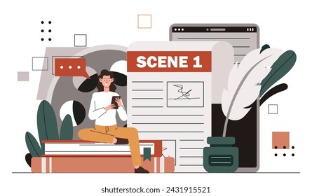 Drehbuchautorin: Woman Concept. Junge Mädchen mit Smartphone sitzt am Buch. Talentierter Autor. Kreativität und Kunst. Charakter schreibt Drehbuch für Film oder TV-Serien. Cartoon flache Vektor-Illustration