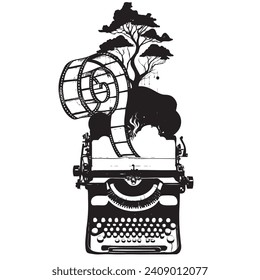 Screenwriter workplace with typewriter, film strip and ideas