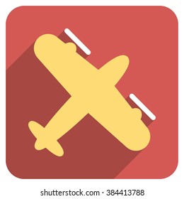 Screw Aeroplane long shadow vector icon. Style is a flat symbol on a red rounded square button.