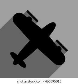 Screw Aeroplane long shadow vector icon. Style is a flat screw aeroplane black iconic symbol on a gray square background with longshadow.