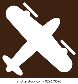Screw Aeroplane vector icon. Style is flat symbol, white color, rounded angles, brown background.